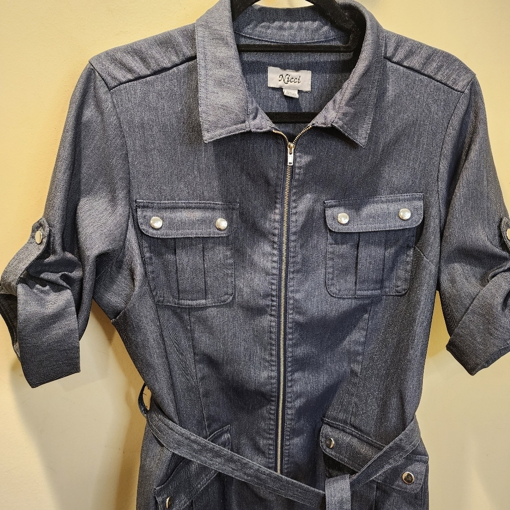 Nicci Navy Blue Denim Midi Belted Dress With Pockets Size 14p - Picture 3 of 12